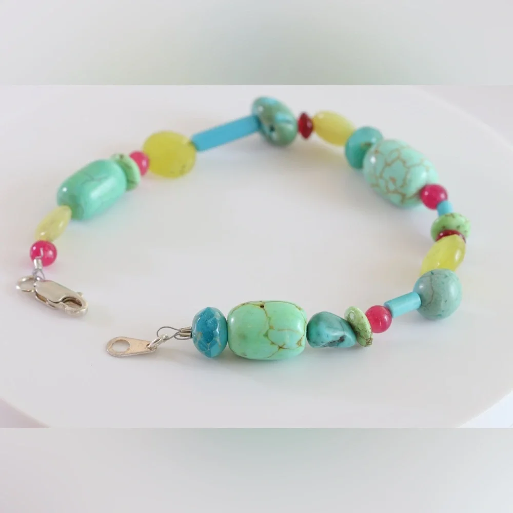 Handmade Turquoise & Aqua Gemstone Bracelet | Sterling Silver | 8”